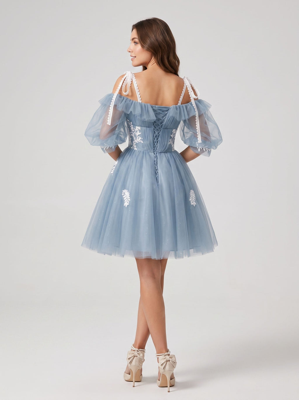 Dusty Blue Tulle A-Line Criss-Cross Straps Back Zip Short Dress with Lace Appliques