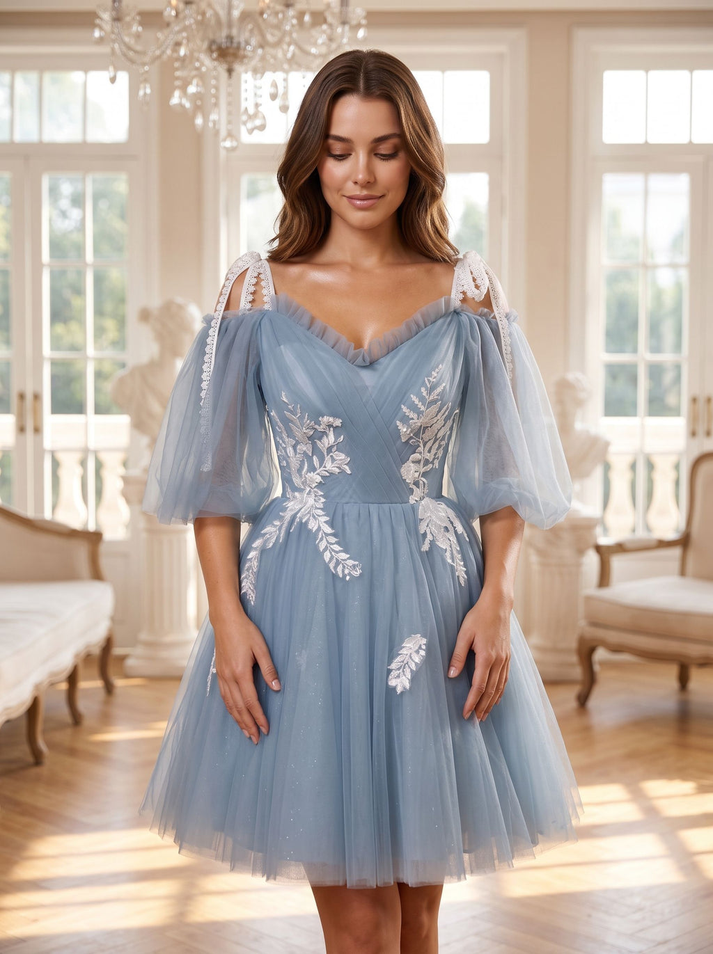 Dusty Blue Tulle A-Line Criss-Cross Straps Back Zip Short Dress with Lace Appliques