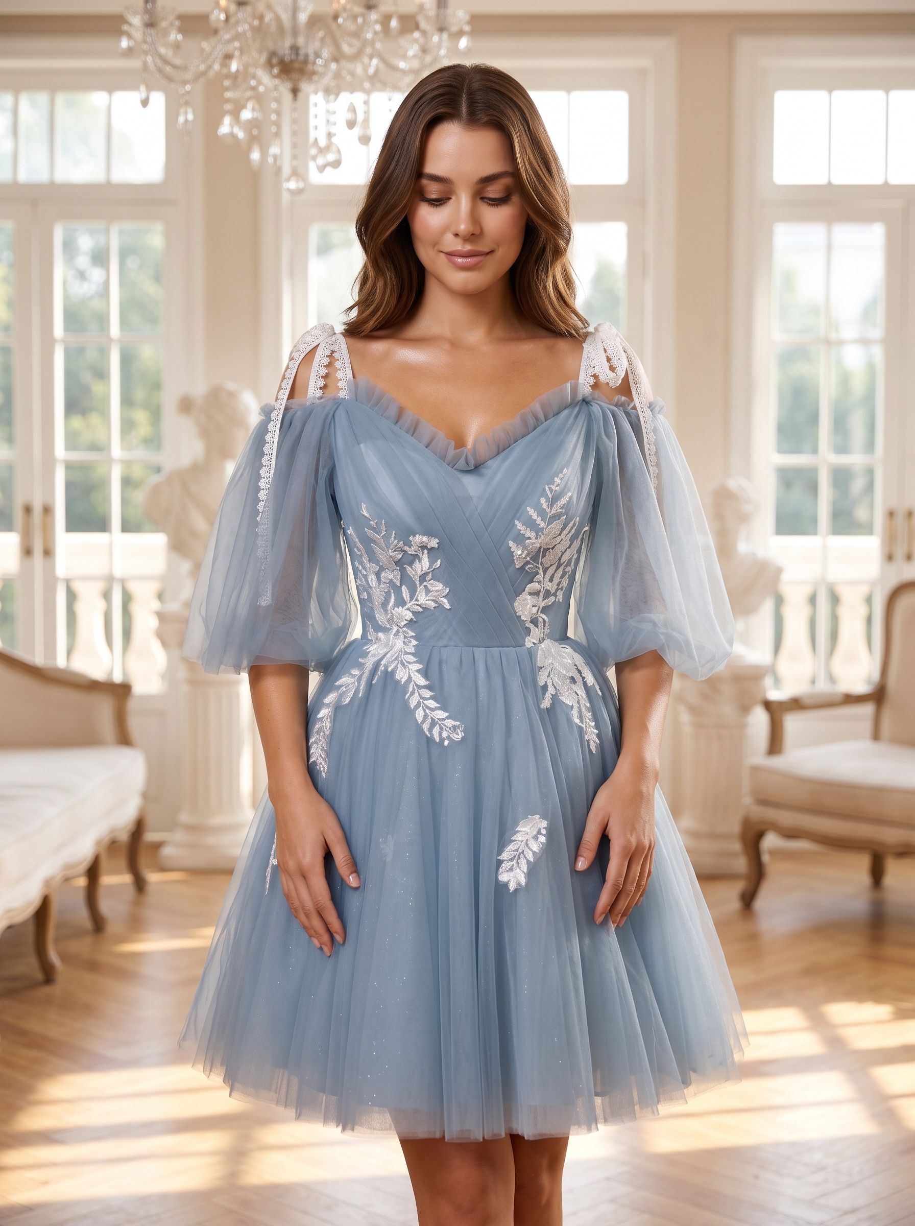 Dusty Blue Tulle A-Line Criss-Cross Straps Back Zip Short Dress with Lace Appliques