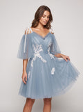 Dusty Blue Tulle A-Line Criss-Cross Straps Back Zip Short Dress with Lace Appliques
