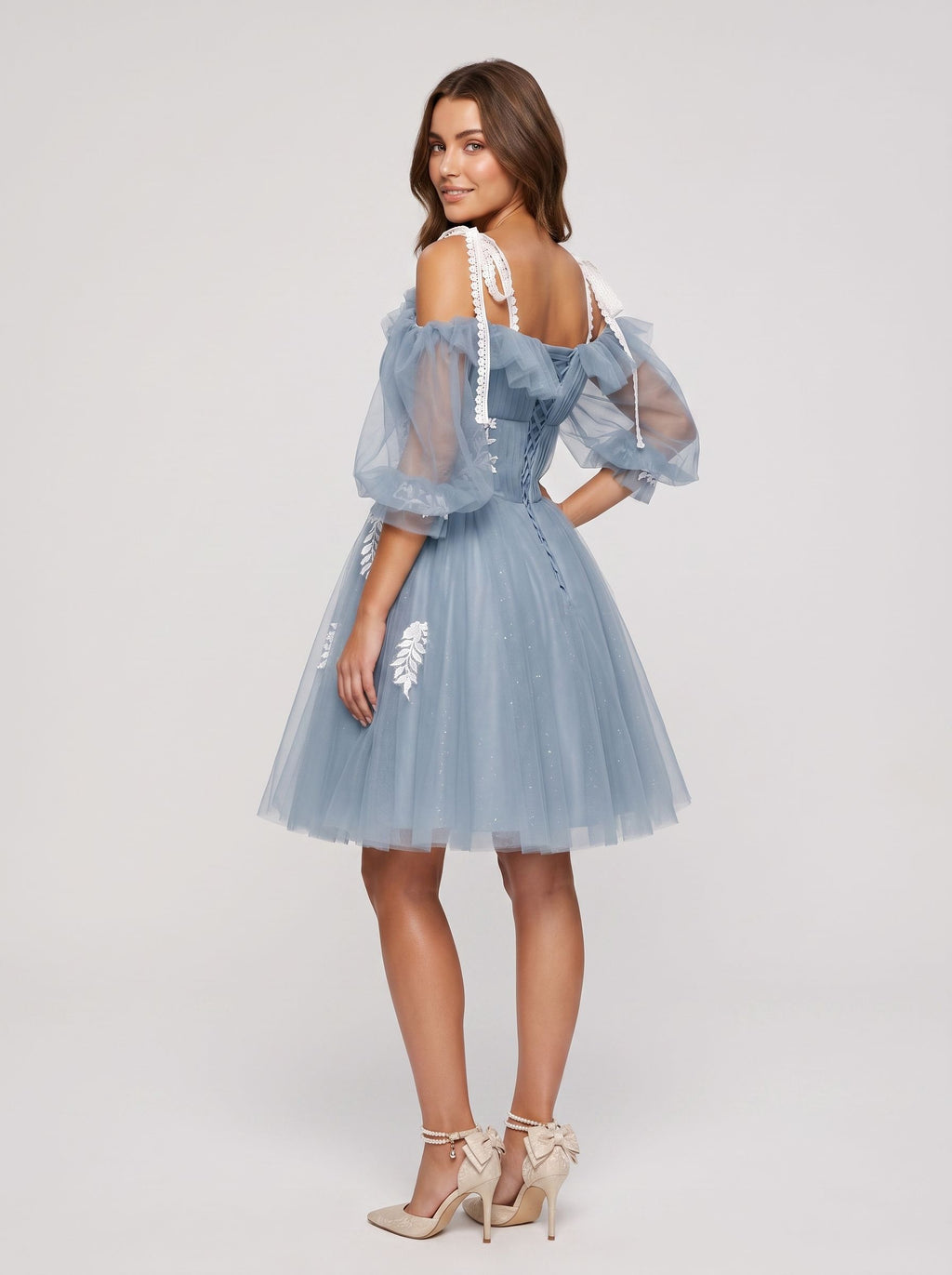 Dusty Blue Tulle A-Line Criss-Cross Straps Back Zip Short Dress with Lace Appliques