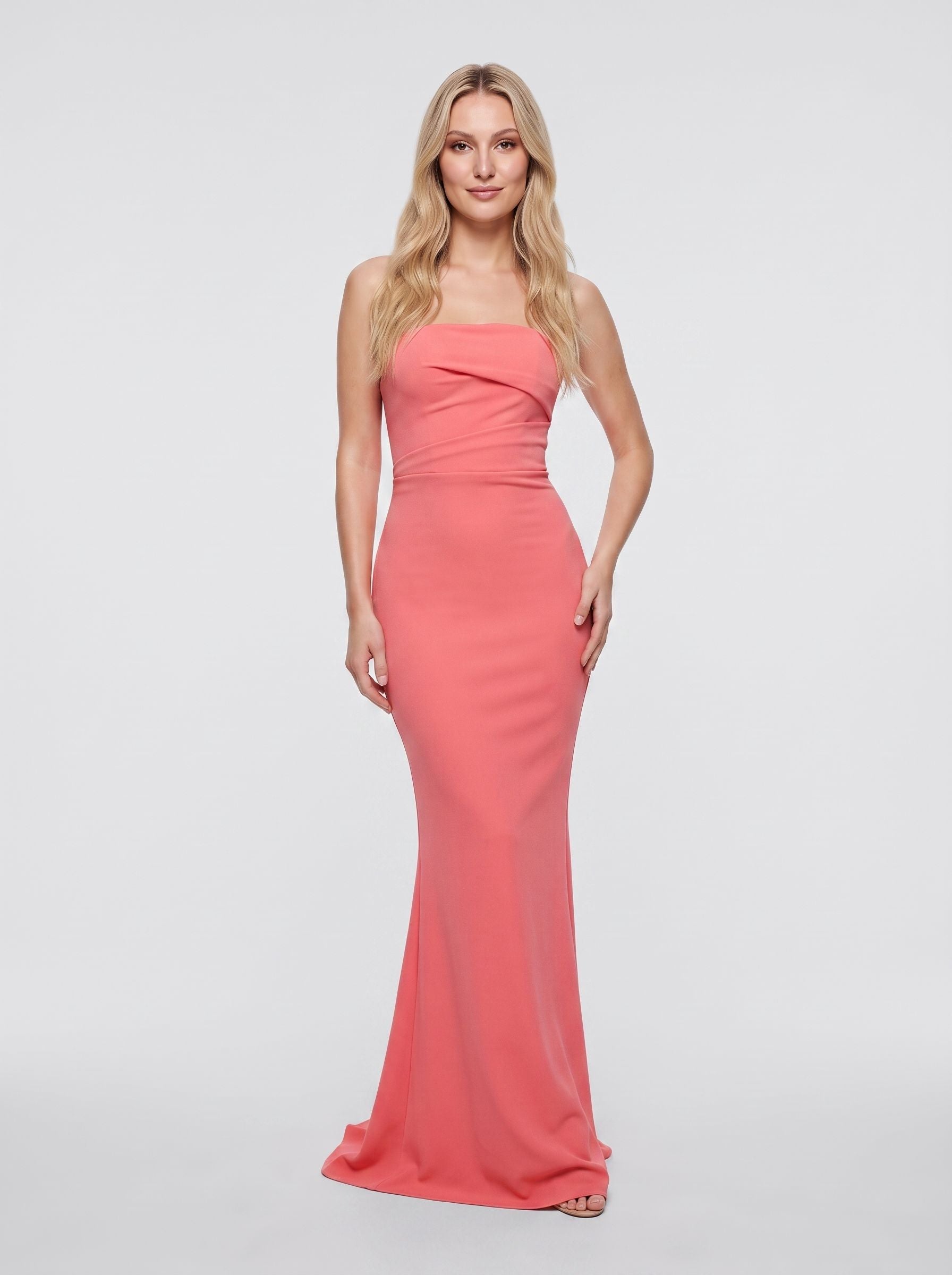 Coral Satin Sheath Straight Neck Back Zip Floor-Length Dress with Pleated Bodice