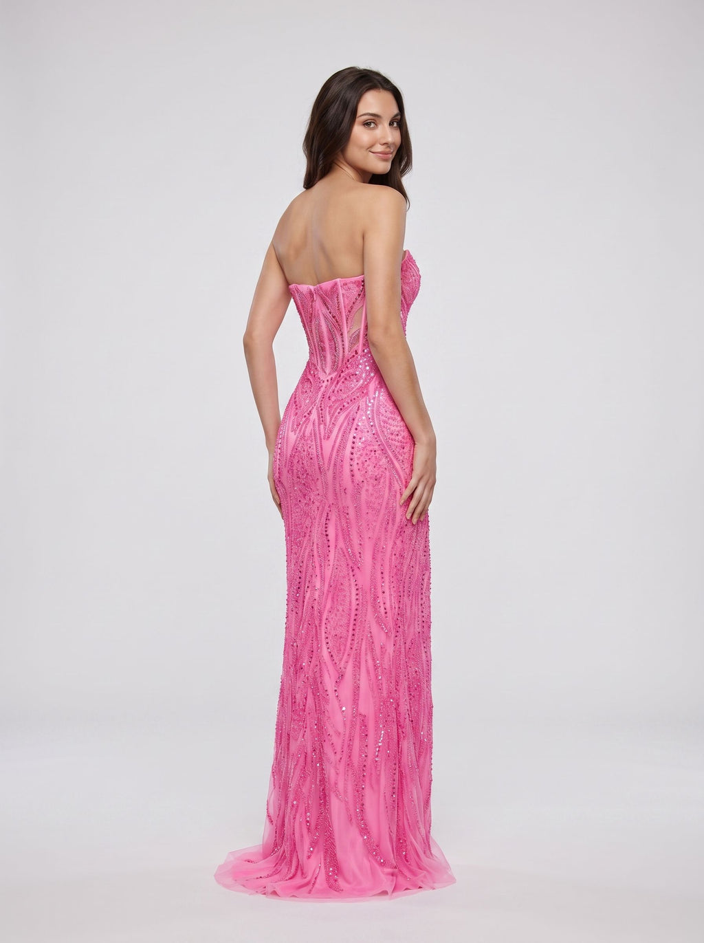 Pink Sequins Sheath Straight Neck Corset Back Floor-Length Dress with Sheer Illusion Waist
