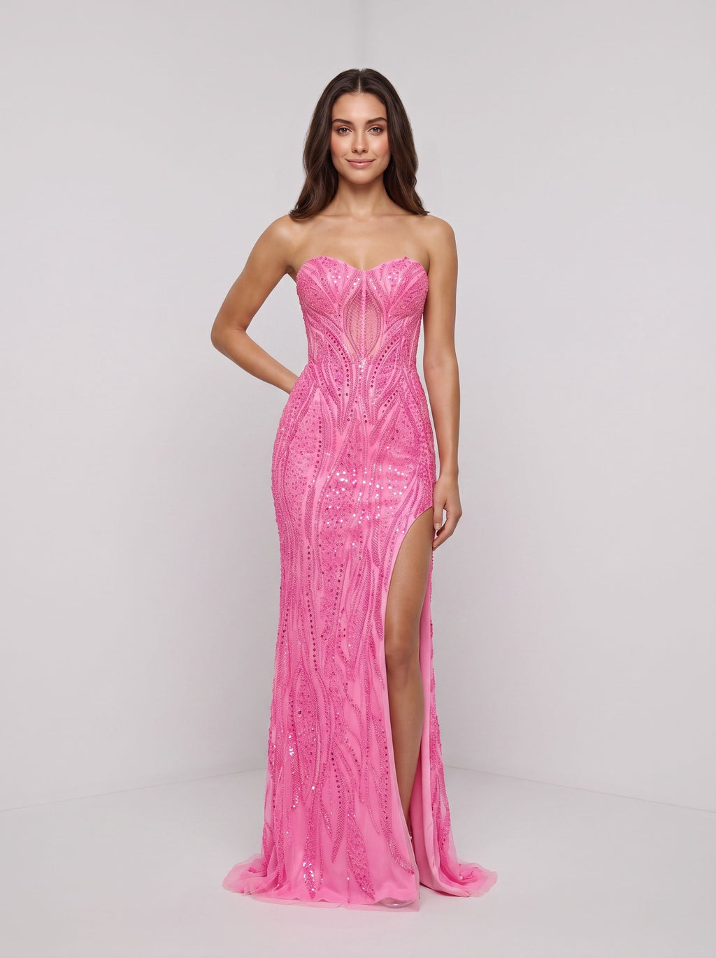 Pink Sequins Sheath Straight Neck Corset Back Floor-Length Dress with Sheer Illusion Waist