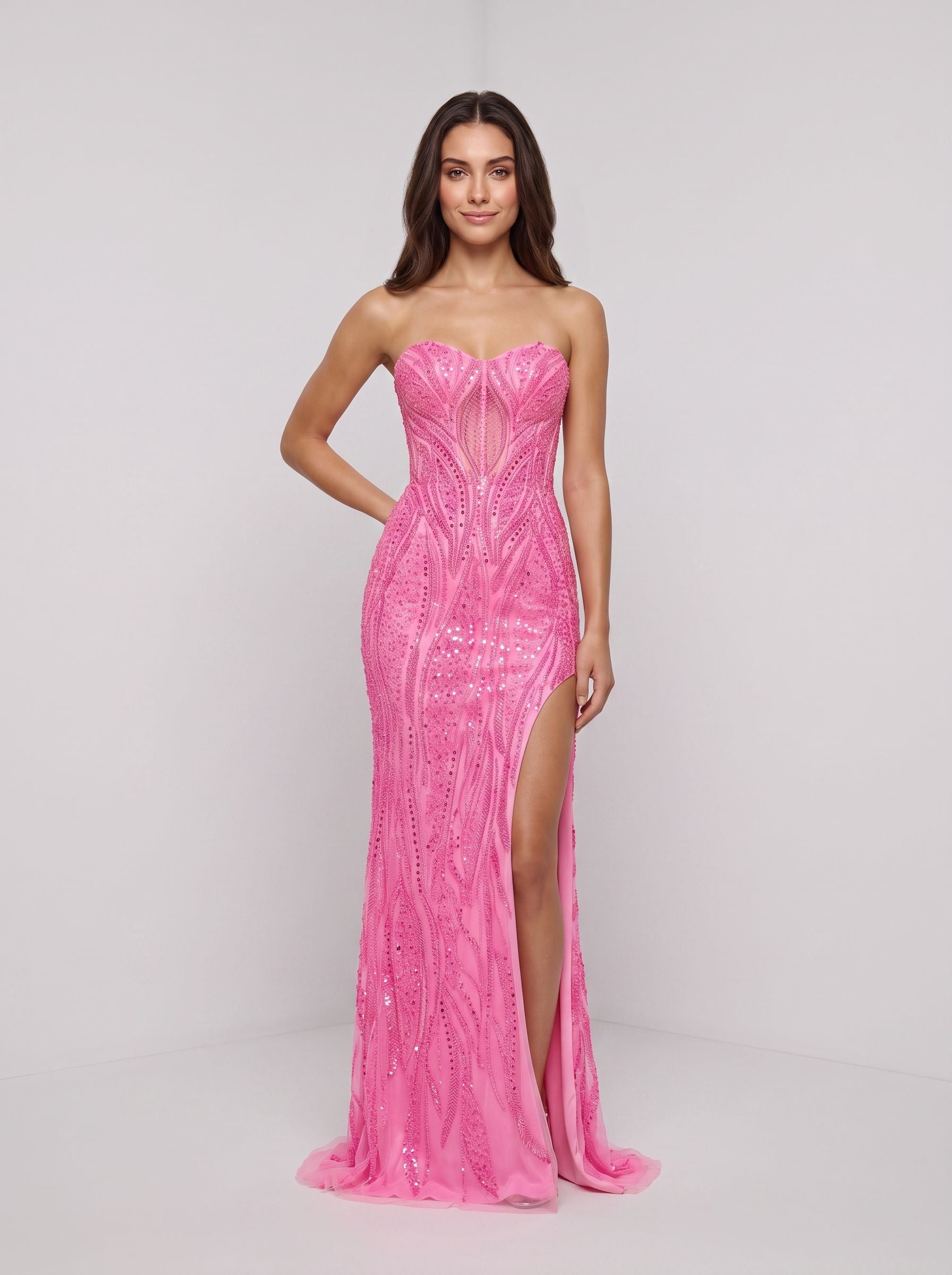 Pink Sequins Sheath Straight Neck Corset Back Floor-Length Dress with Sheer Illusion Waist