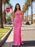 Pink Sequins Sheath Straight Neck Corset Back Floor-Length Dress with Sheer Illusion Waist