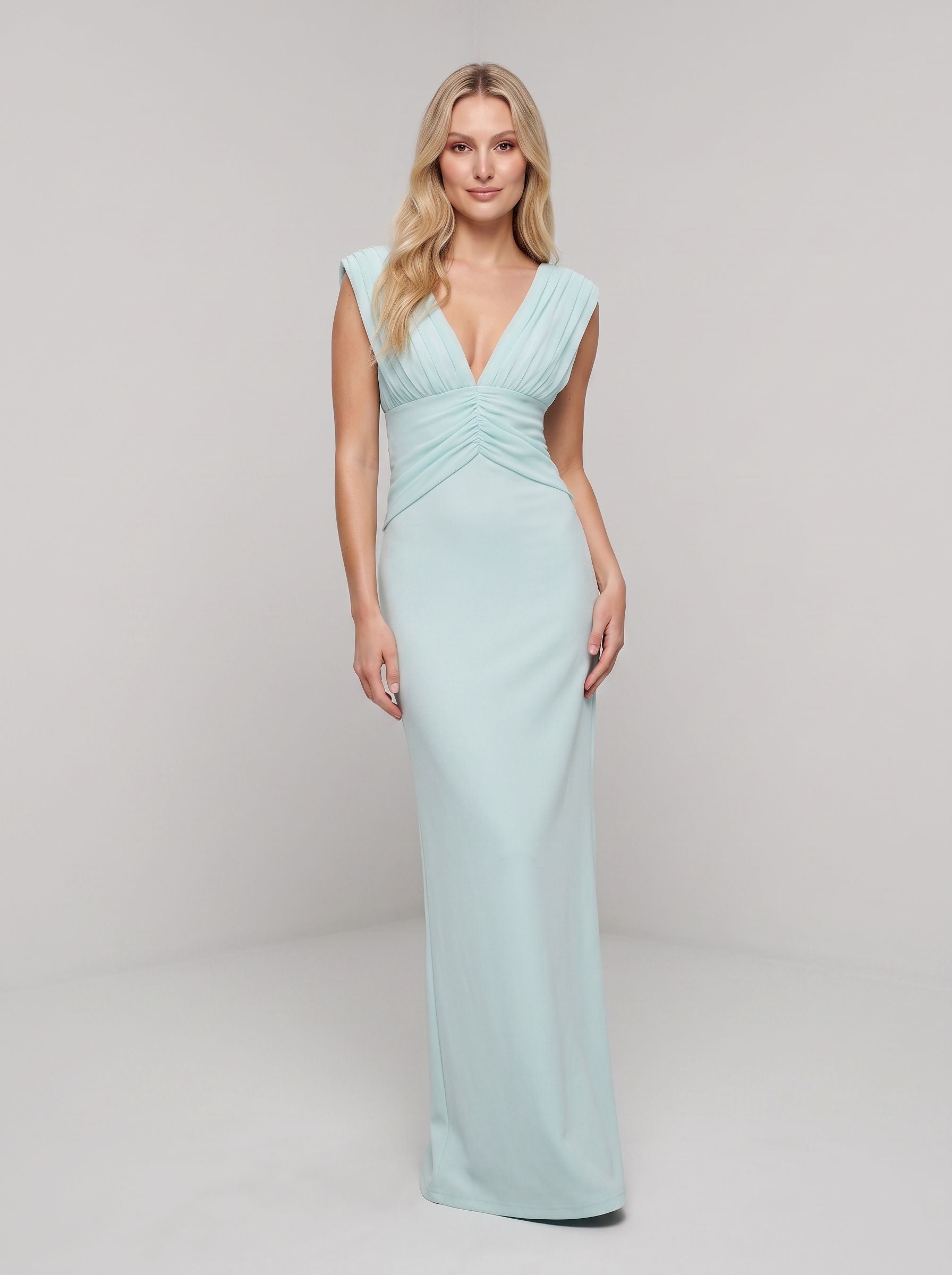 Sky Blue Chiffon Column V-Neck V-Back Floor-Length Dress with Ruched Waist
