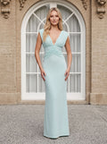Sky Blue Chiffon Column V-Neck V-Back Floor-Length Dress with Ruched Waist
