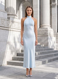Sky Blue Satin Sheath Halter neckline Back Zip Floor-Length Dress