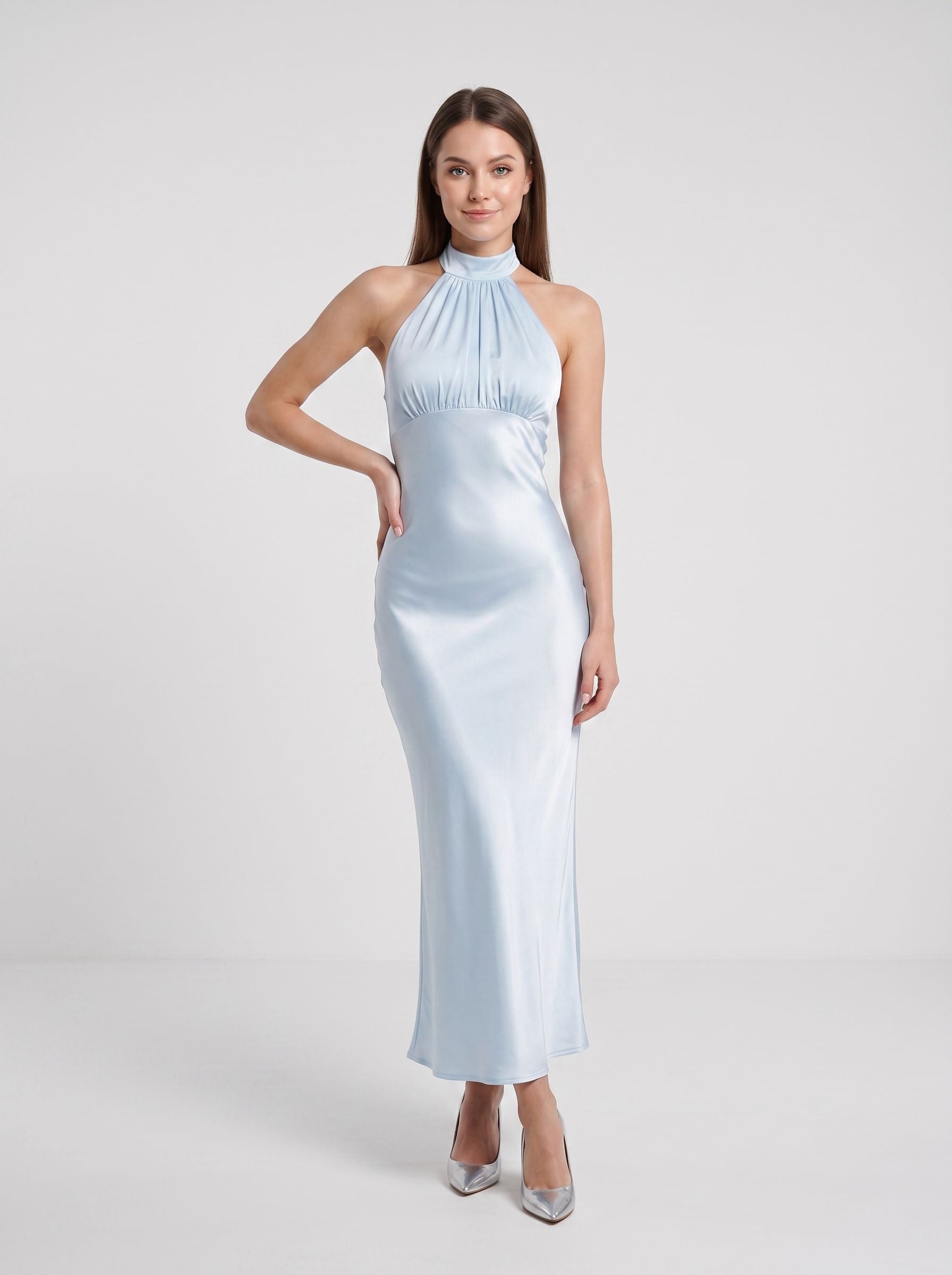 Sky Blue Satin Sheath Halter neckline Back Zip Floor-Length Dress