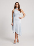 Mist Satin Column Halter neckline Side Zip Asymmetrical Dress with Wrap neck tie