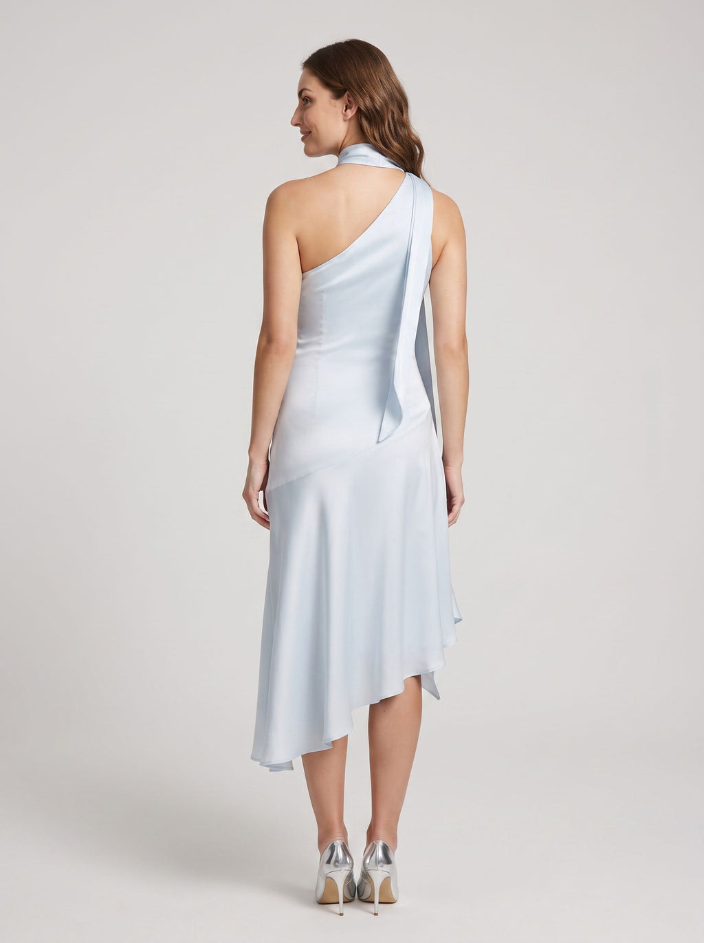 Mist Satin Column Halter neckline Side Zip Asymmetrical Dress with Wrap neck tie