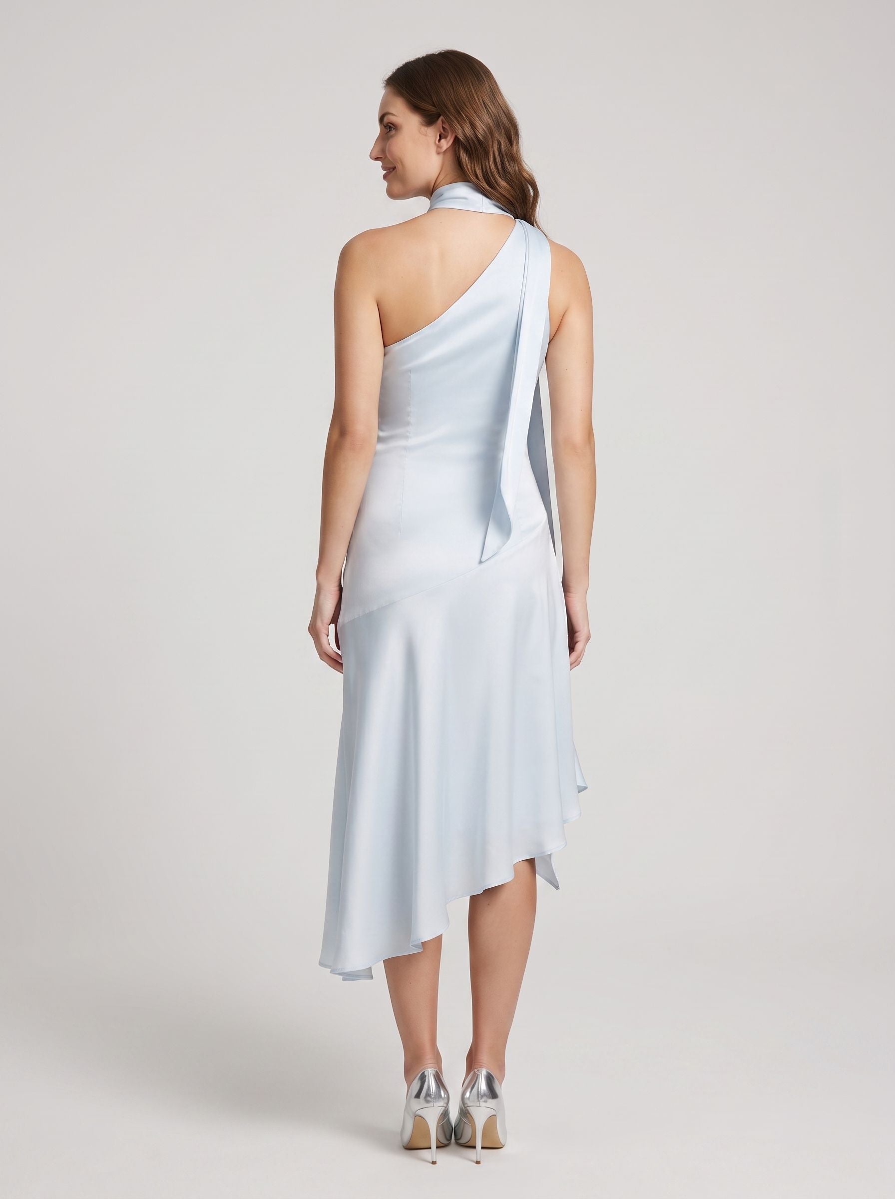 Mist Satin Column Halter neckline Side Zip Asymmetrical Dress with Wrap neck tie
