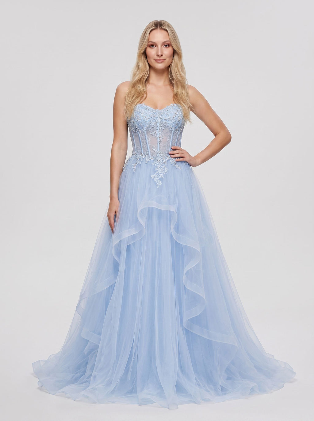 Sky Blue Tulle A-Line Sweetheart Lace-up Floor-Length Dress with Beaded Bodice