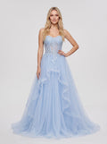 Sky Blue Tulle A-Line Sweetheart Lace-up Floor-Length Dress with Beaded Bodice