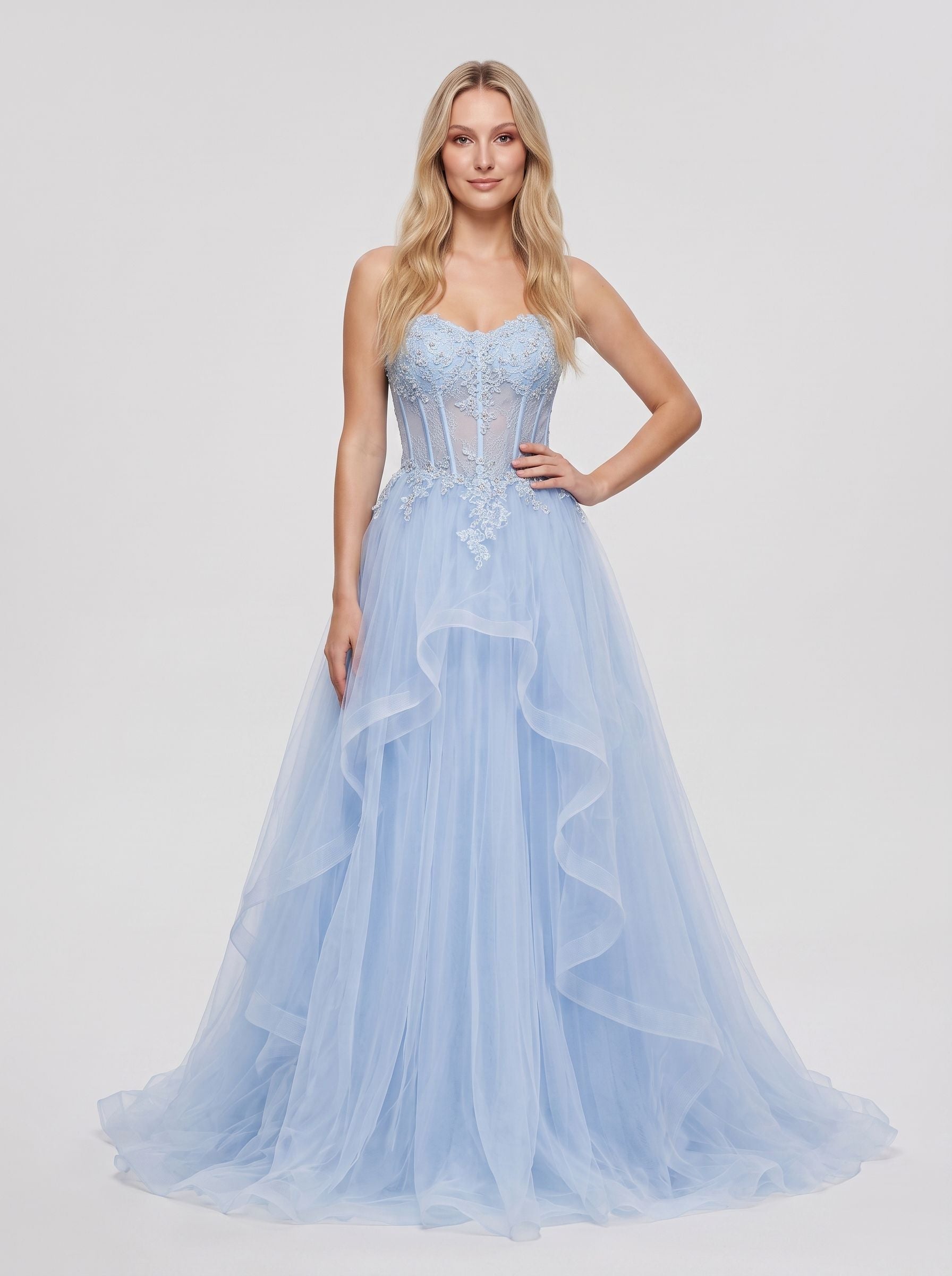 Sky Blue Tulle A-Line Sweetheart Lace-up Floor-Length Dress with Beaded Bodice