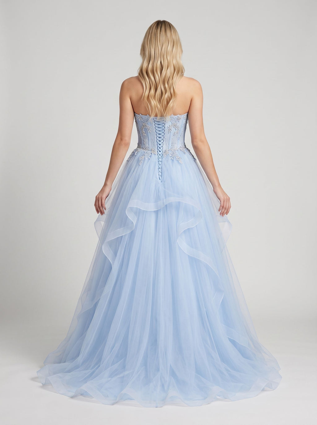 Sky Blue Tulle A-Line Sweetheart Lace-up Floor-Length Dress with Beaded Bodice