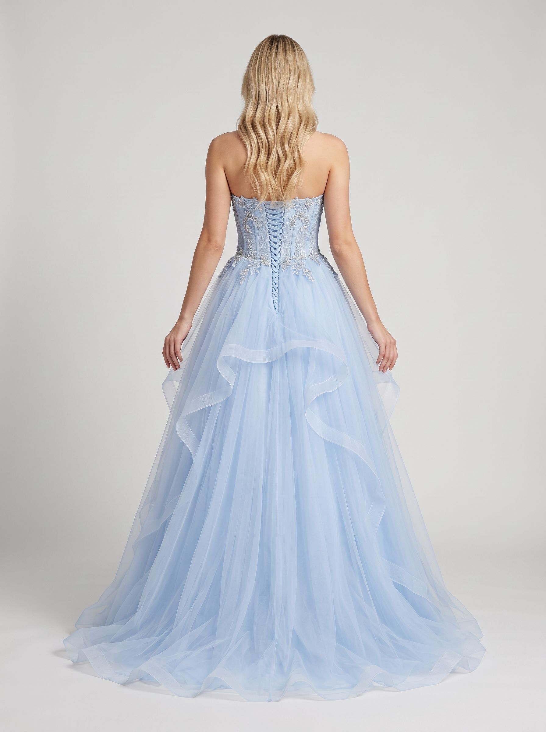 Sky Blue Tulle A-Line Sweetheart Lace-up Floor-Length Dress with Beaded Bodice