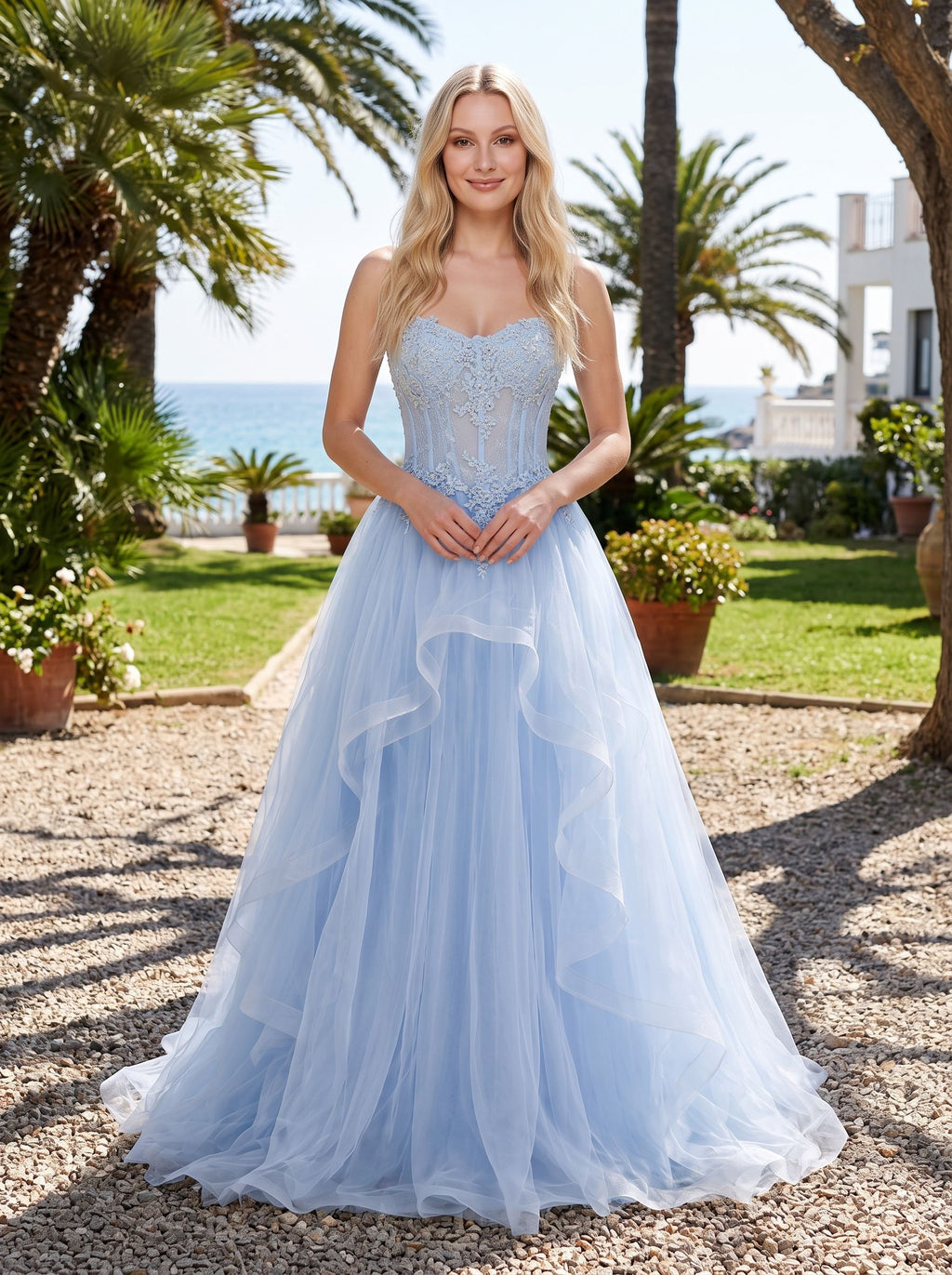 Sky Blue Tulle A-Line Sweetheart Lace-up Floor-Length Dress with Beaded Bodice