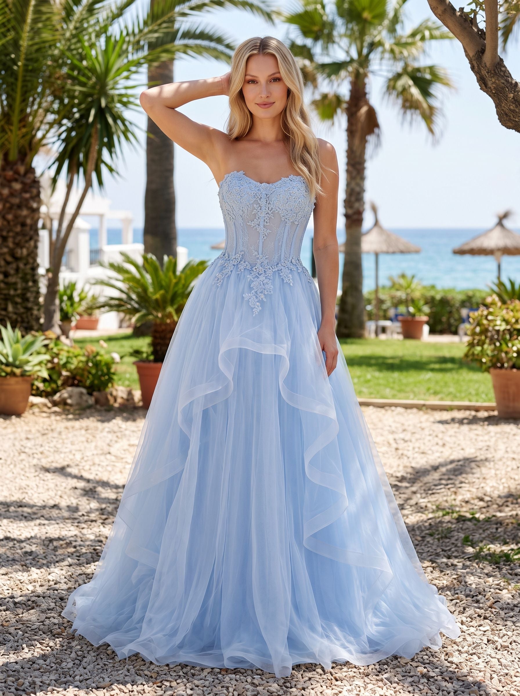 Sky Blue Tulle A-Line Sweetheart Lace-up Floor-Length Dress with Beaded Bodice