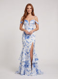 Blue Print Satin Mermaid Off-the-Shoulder Back Zip Floor-Length Dress with Slit