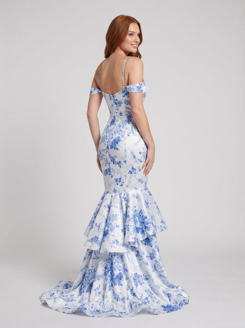 Blue Print Satin Mermaid Off-the-Shoulder Back Zip Floor-Length Dress with Slit