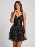 Black Satin A-Line Halter neckline Backless Short Dress with Pearl Beading