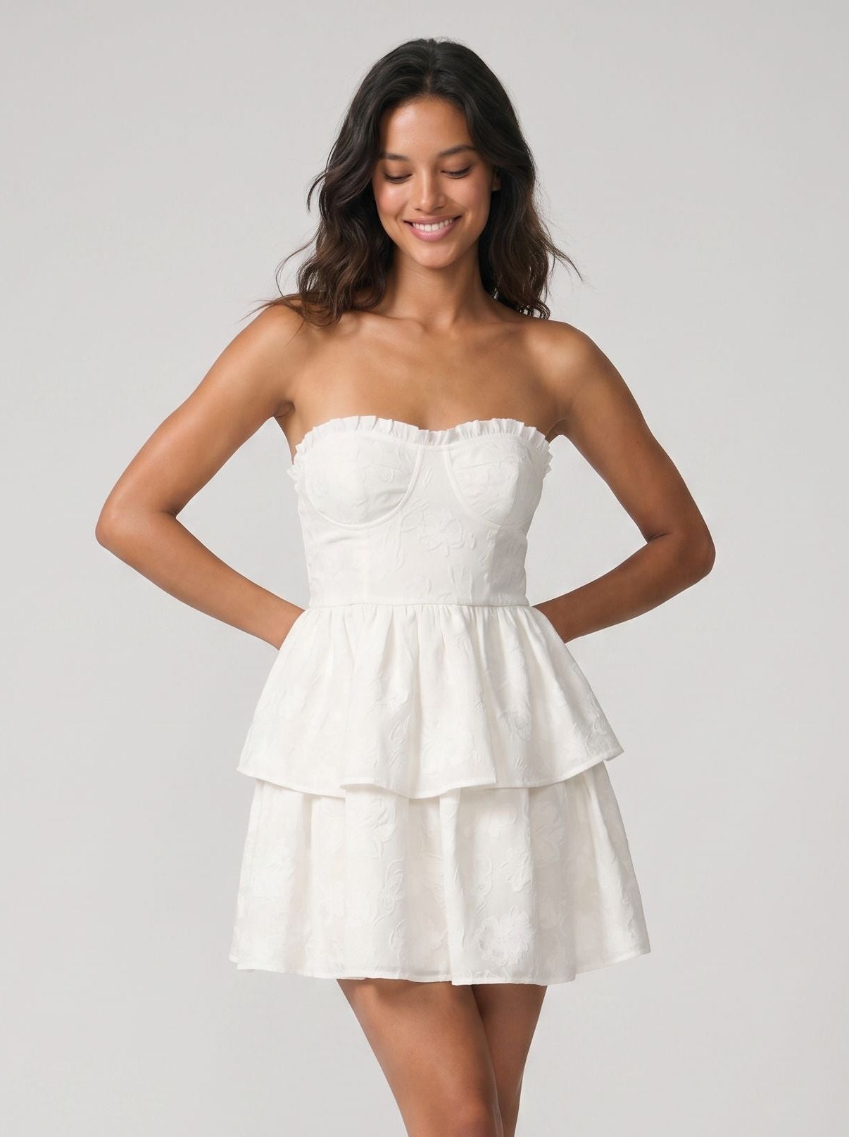 Ivory Chiffon A-Line Sweetheart Back Zip Short Dress with Tiered Ruffles
