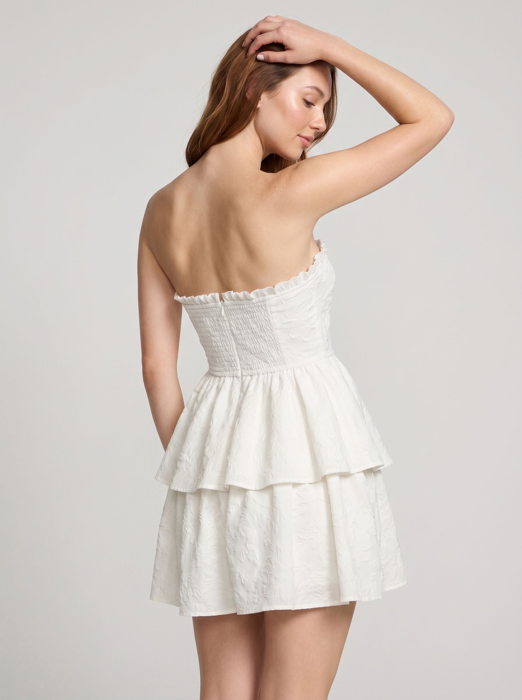 Ivory Chiffon A-Line Sweetheart Back Zip Short Dress with Tiered Ruffles