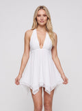 Ivory Chiffon A-Line Halter neckline Backless Mini Dress with Crystal Back Chains