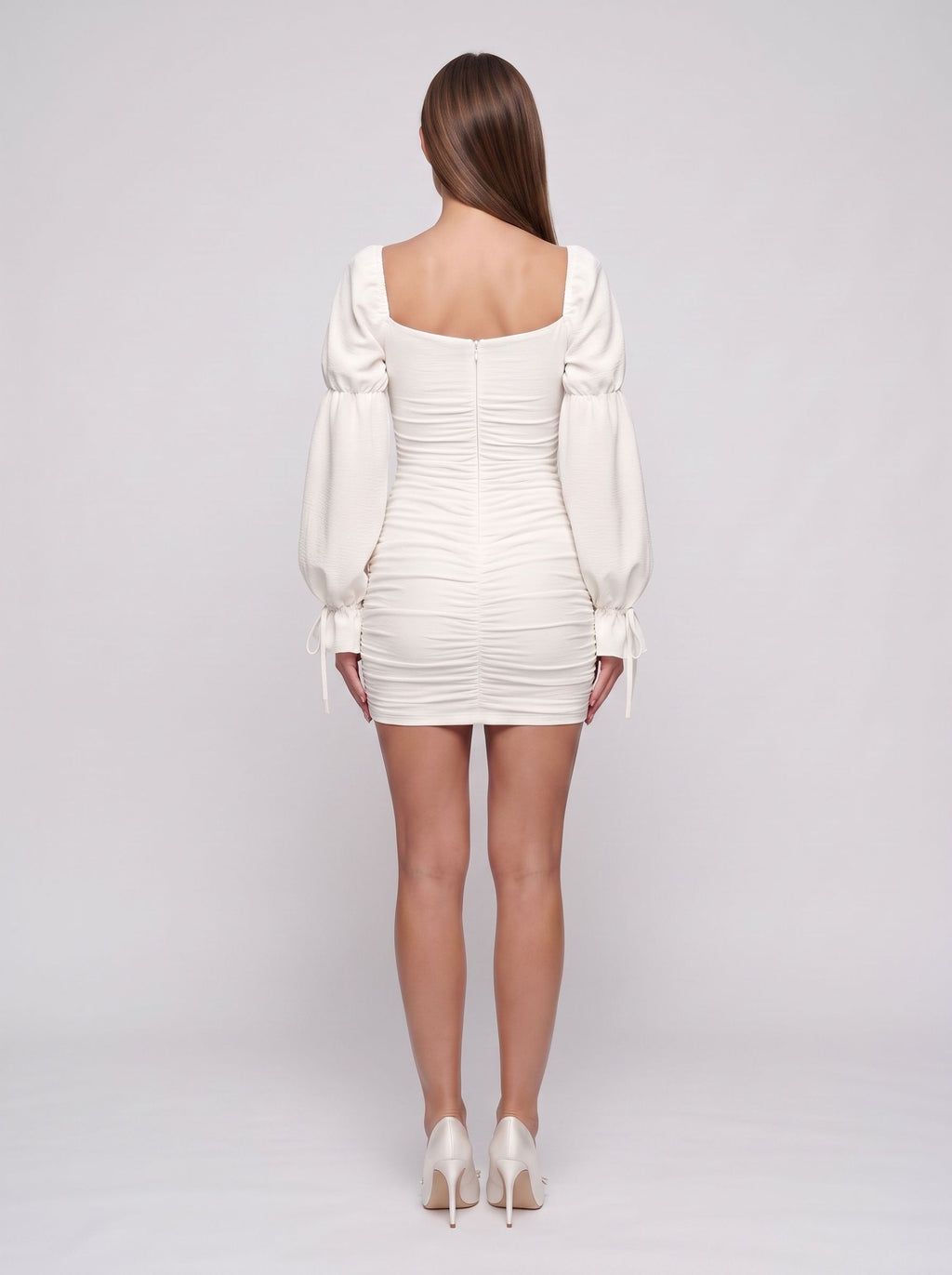 Ivory Crepe Sheath  V-Neck Back Zip Short Dress with Puff sleeves