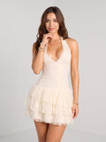 Ivory Lace A-Line Halter neckline Bow Short Dress with Layered Ruffles