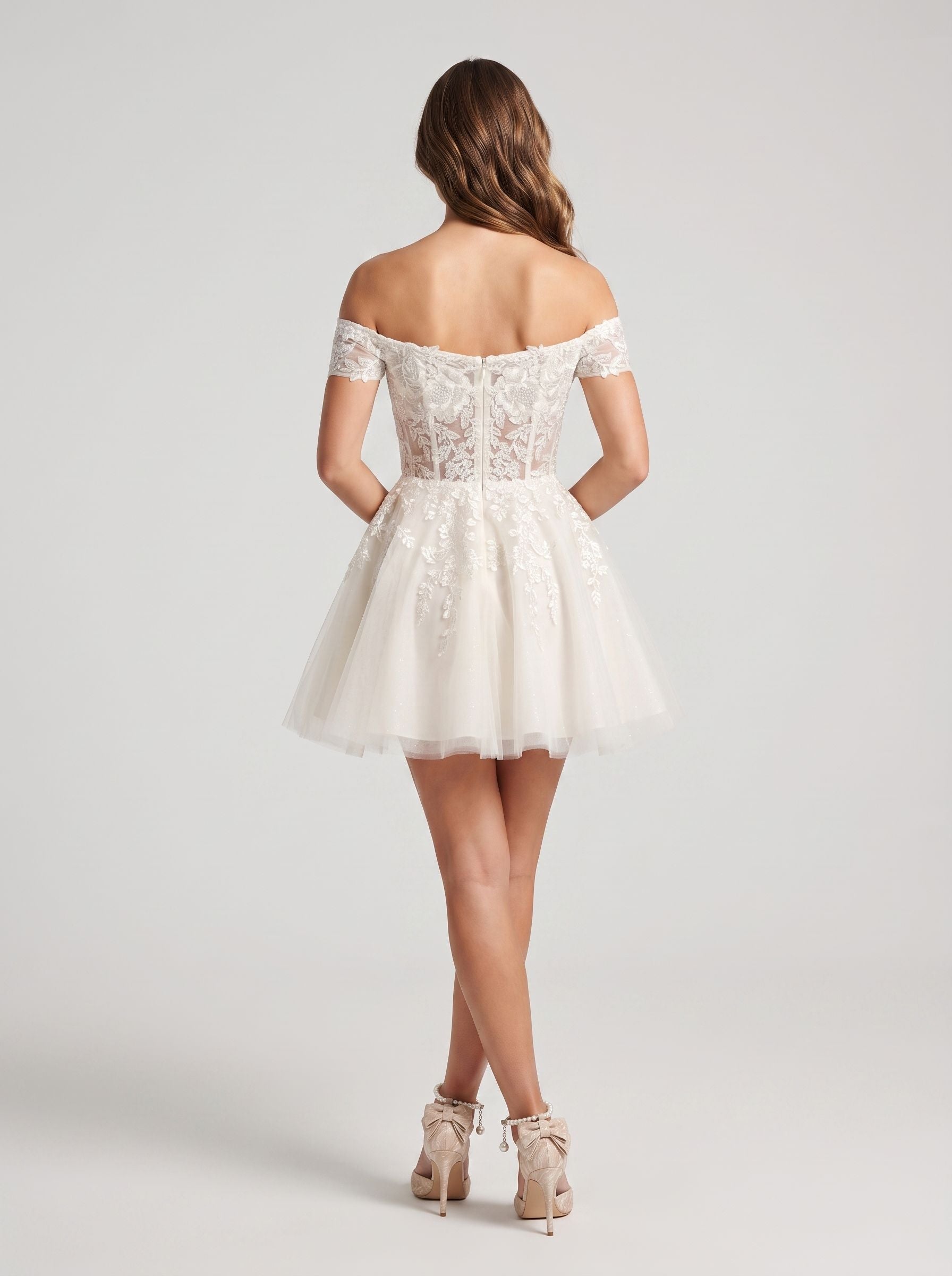Ivory Lace A-Line Off-the-Shoulder Back Zip Short Dress with Applique