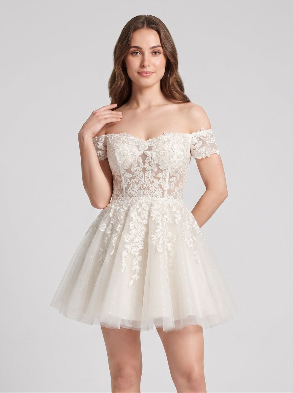 Ivory Lace A-Line Off-the-Shoulder Back Zip Short Dress with Applique