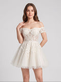 Ivory Lace A-Line Off-the-Shoulder Back Zip Short Dress with Applique