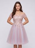 Pink Lace A-Line Off-the-Shoulder Criss-Cross Straps Short Dress with Appliques