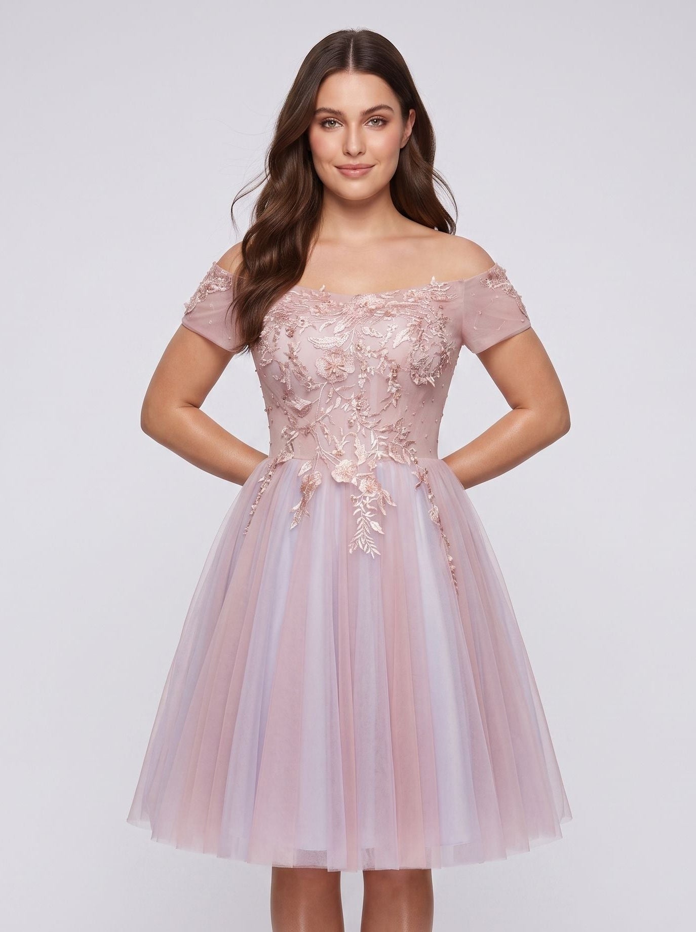 Pink Lace A-Line Off-the-Shoulder Criss-Cross Straps Short Dress with Appliques