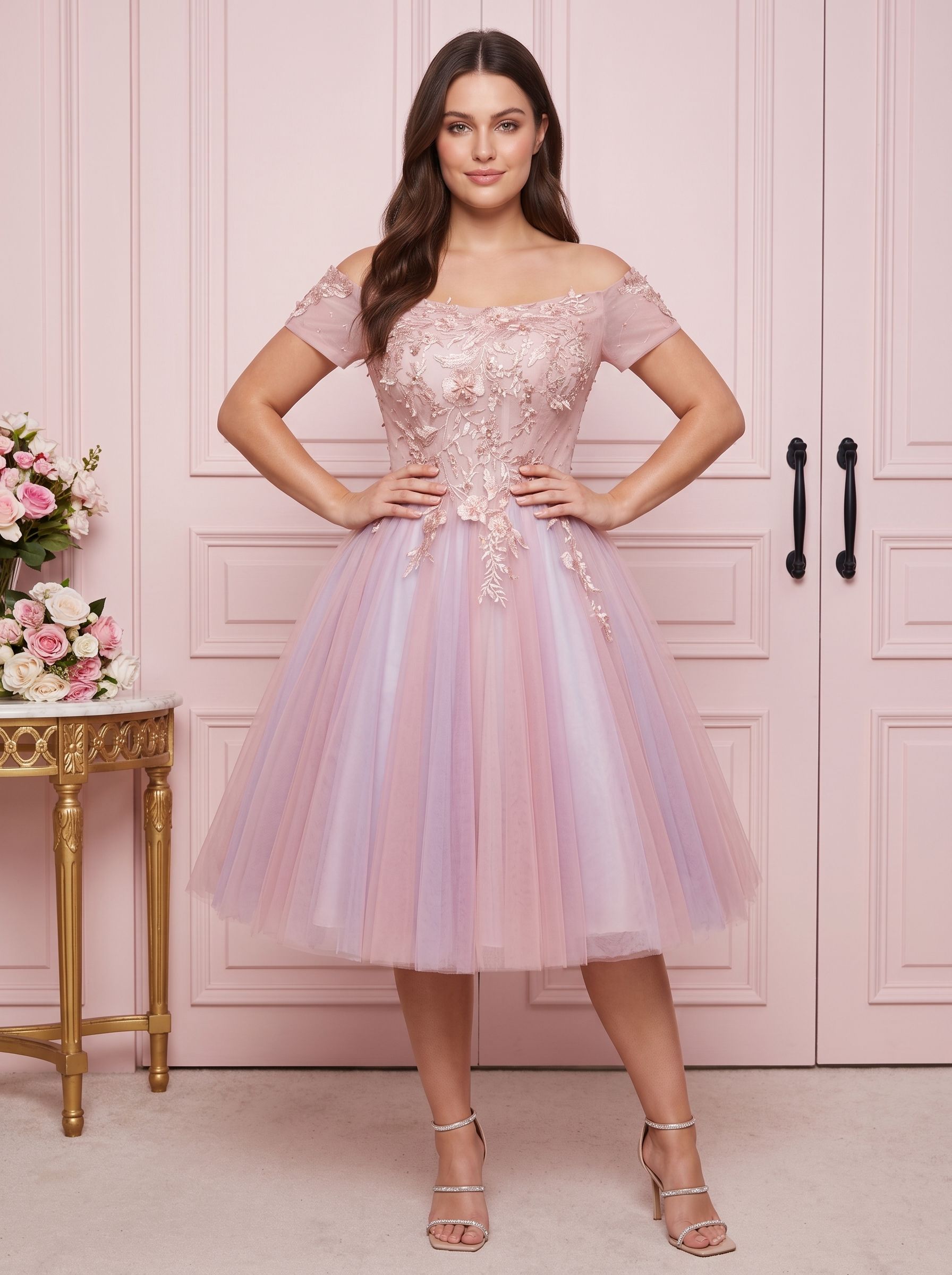 Pink Lace A-Line Off-the-Shoulder Criss-Cross Straps Short Dress with Appliques
