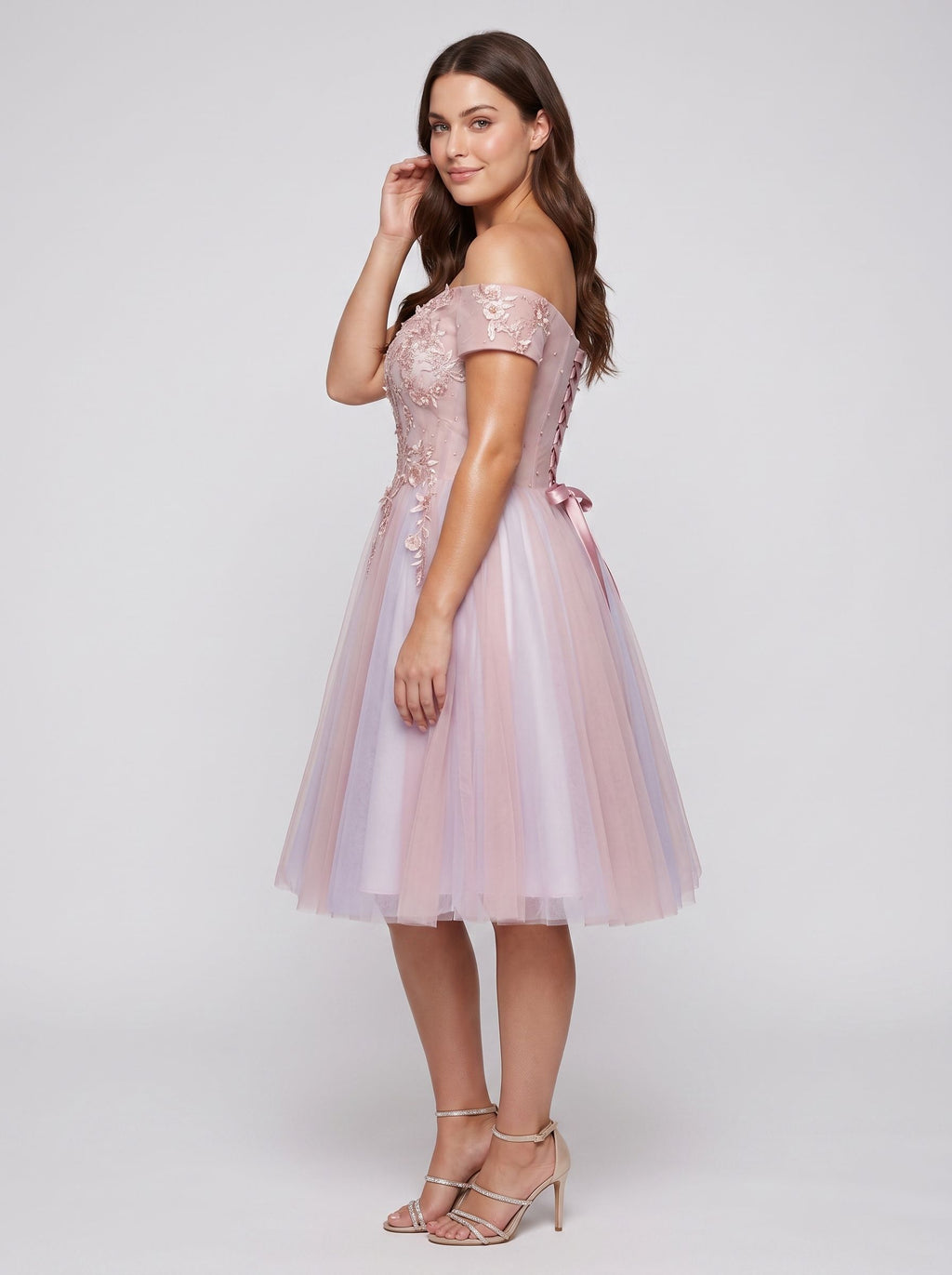 Pink Lace A-Line Off-the-Shoulder Criss-Cross Straps Short Dress with Appliques