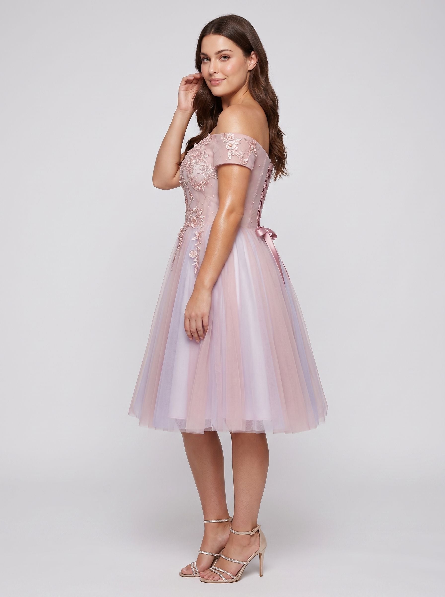 Pink Lace A-Line Off-the-Shoulder Criss-Cross Straps Short Dress with Appliques