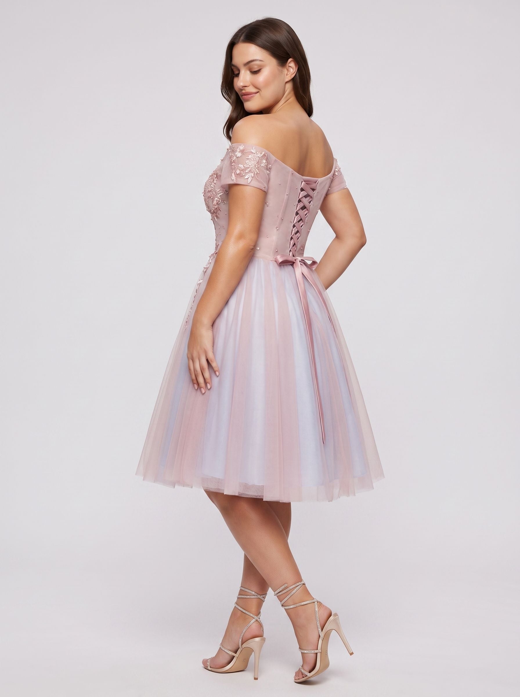 Pink Lace A-Line Off-the-Shoulder Criss-Cross Straps Short Dress with Appliques