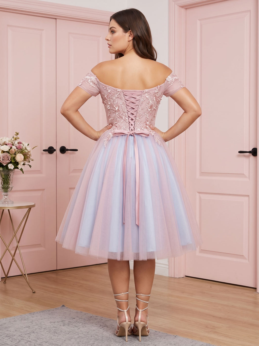 Pink Lace A-Line Off-the-Shoulder Criss-Cross Straps Short Dress with Appliques