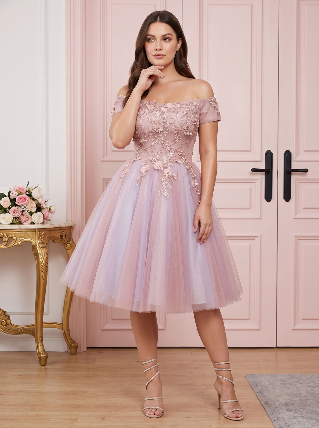 Pink Lace A-Line Off-the-Shoulder Criss-Cross Straps Short Dress with Appliques