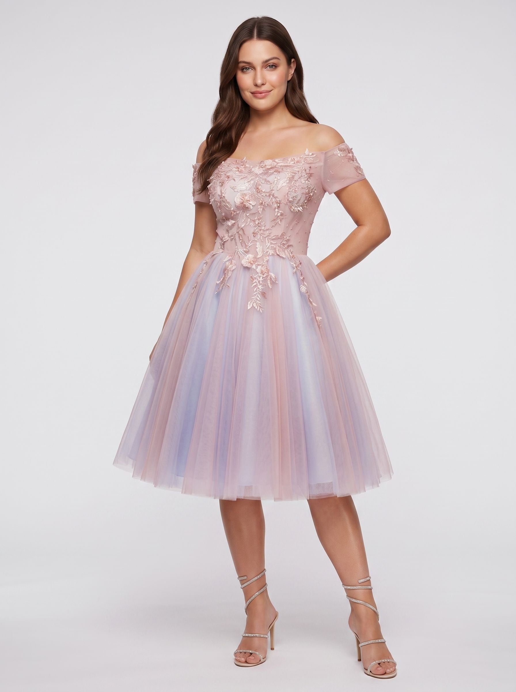 Pink Lace A-Line Off-the-Shoulder Criss-Cross Straps Short Dress with Appliques