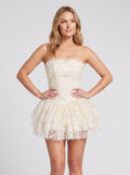 Ivory Lace A-Line Straight Neck Back Zip Short Dress with Tiered Ruffles
