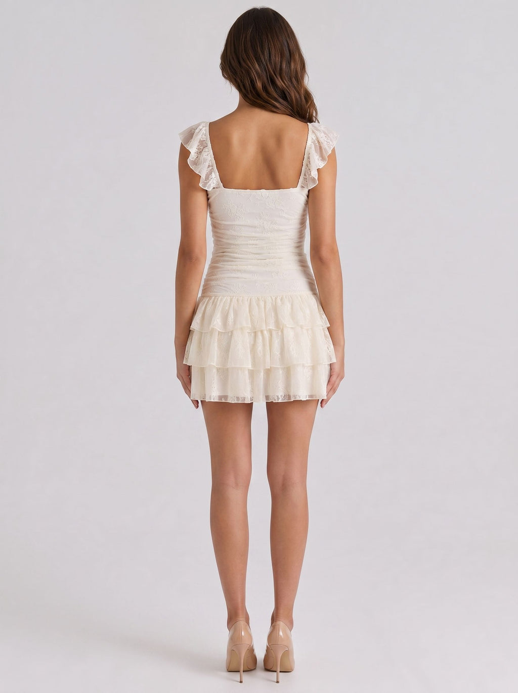 Ivory Lace A-Line Square Neck Backless Short Dress with Tiered Ruffles