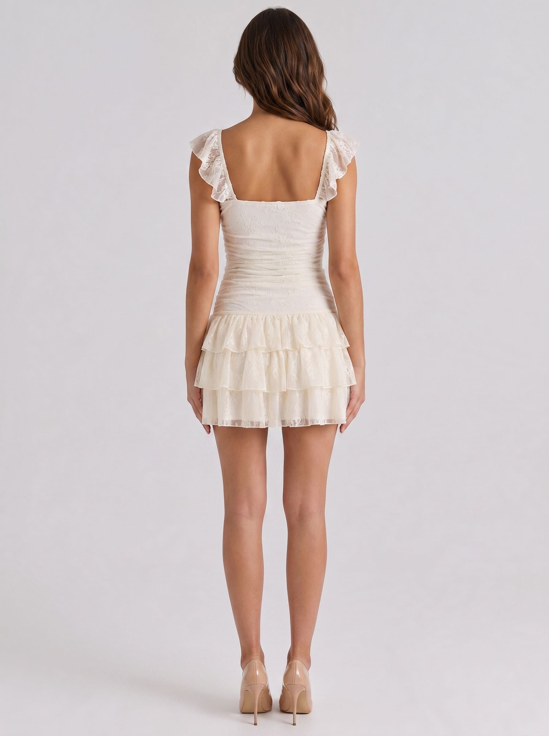 Ivory Lace A-Line Square Neck Backless Short Dress with Tiered Ruffles
