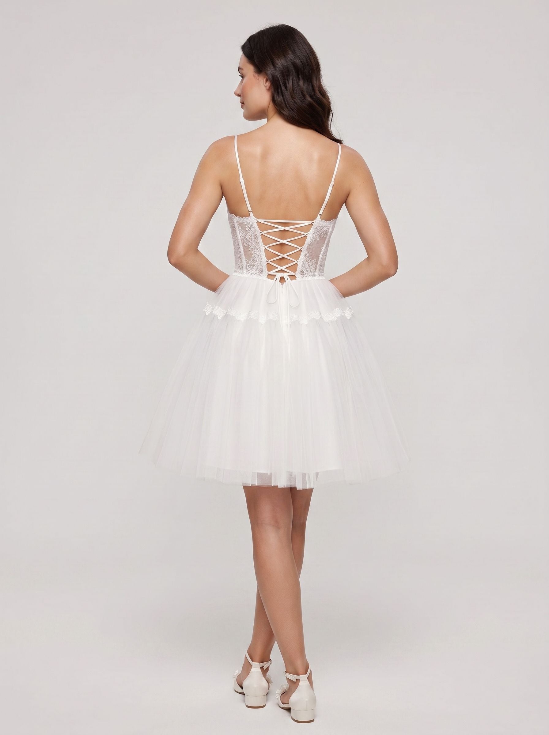 Ivory Lace A-Line V-Neck Lace-up Short Dress with Tulle Skirt