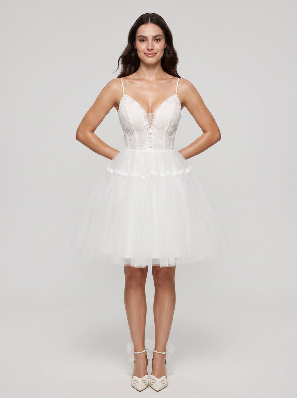 Ivory Lace A-Line V-Neck Lace-up Short Dress with Tulle Skirt