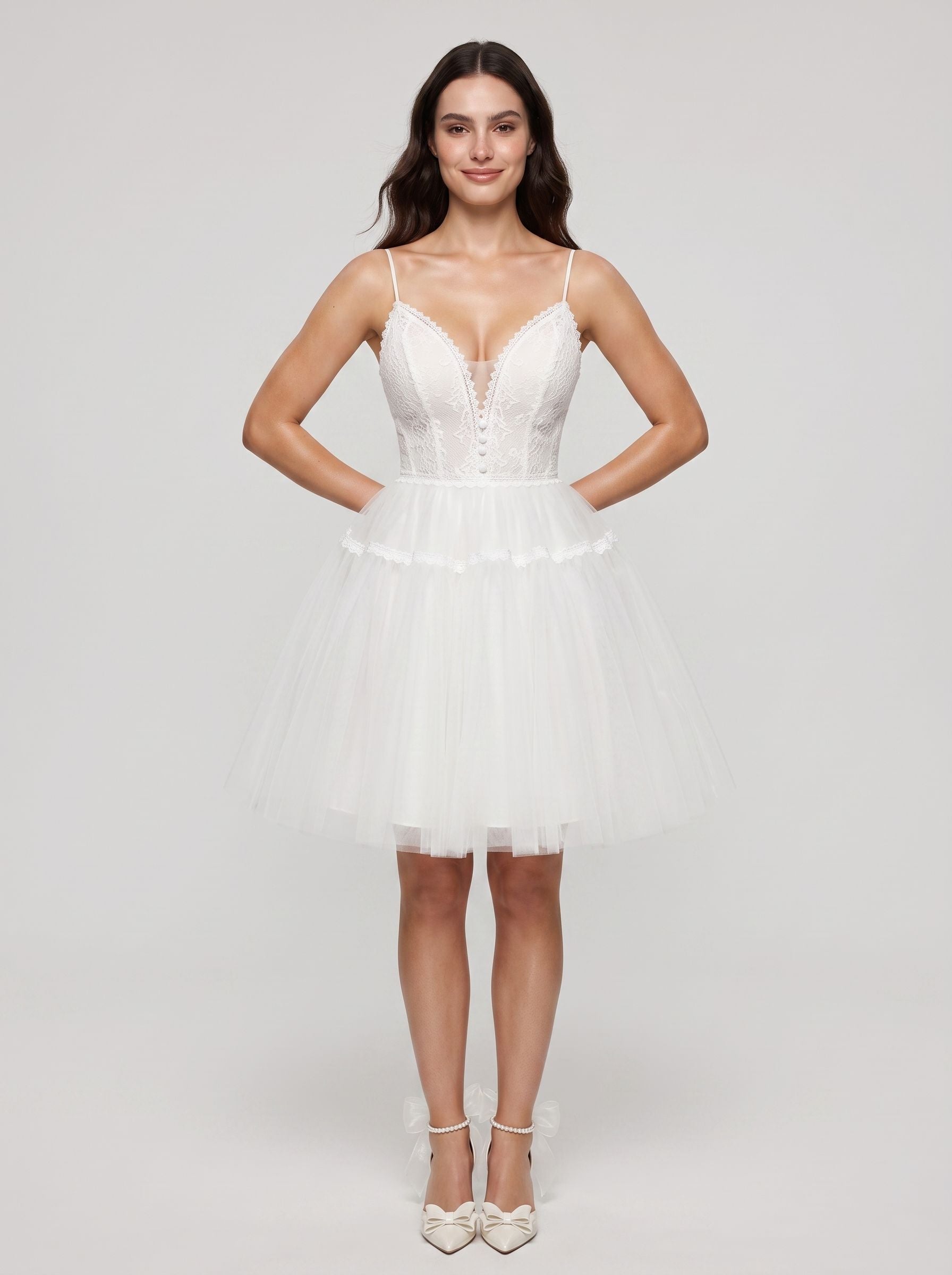 Ivory Lace A-Line V-Neck Lace-up Short Dress with Tulle Skirt